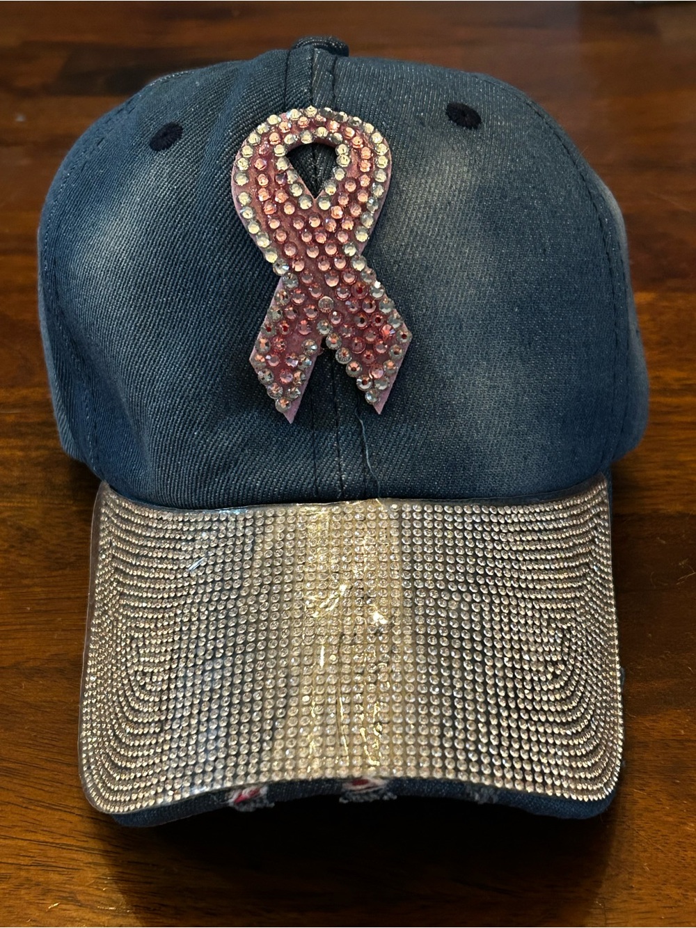 Denim Breast Cancer Awareness Cap w/Pink Rhinestone Ribbon & Crystal Brim NWT